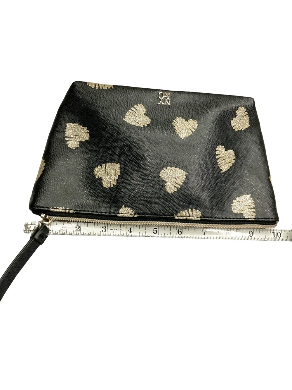 New York & Company Black Cosmetic Pouch with Gold Heart Print